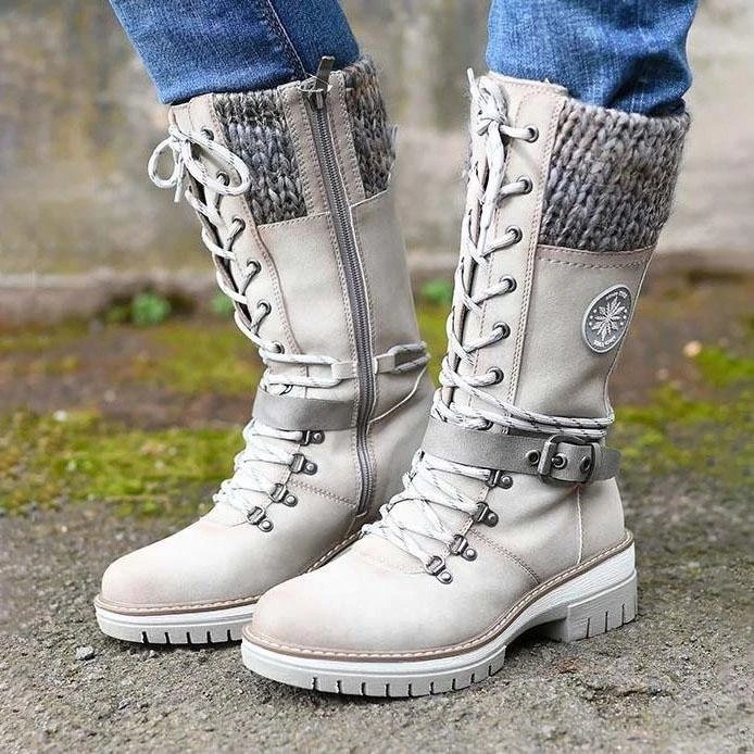 European and American Export New Style Front Lace Mid-Tube Square Heel Round-Toe Knight Boots for Women Cross-Border Belt Buckle Thick-Soled Thin Leather Boots