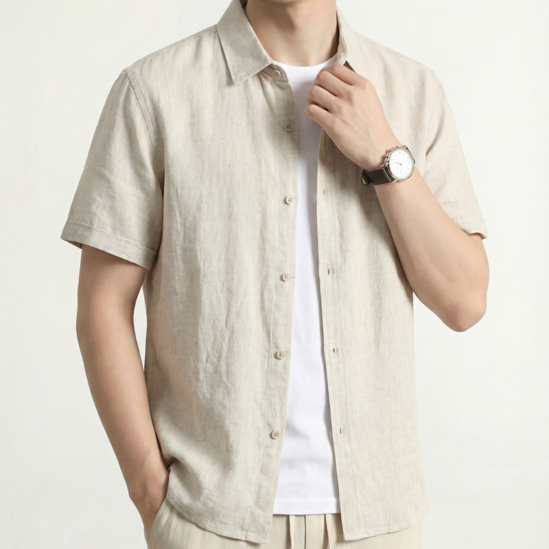 Linen Short-Sleeved Lapel Cardigan for Men, Slim Fit, Simple and Versatile, Summer Business Casual Breathable Shirt, Direct Supply from the Manufacturer