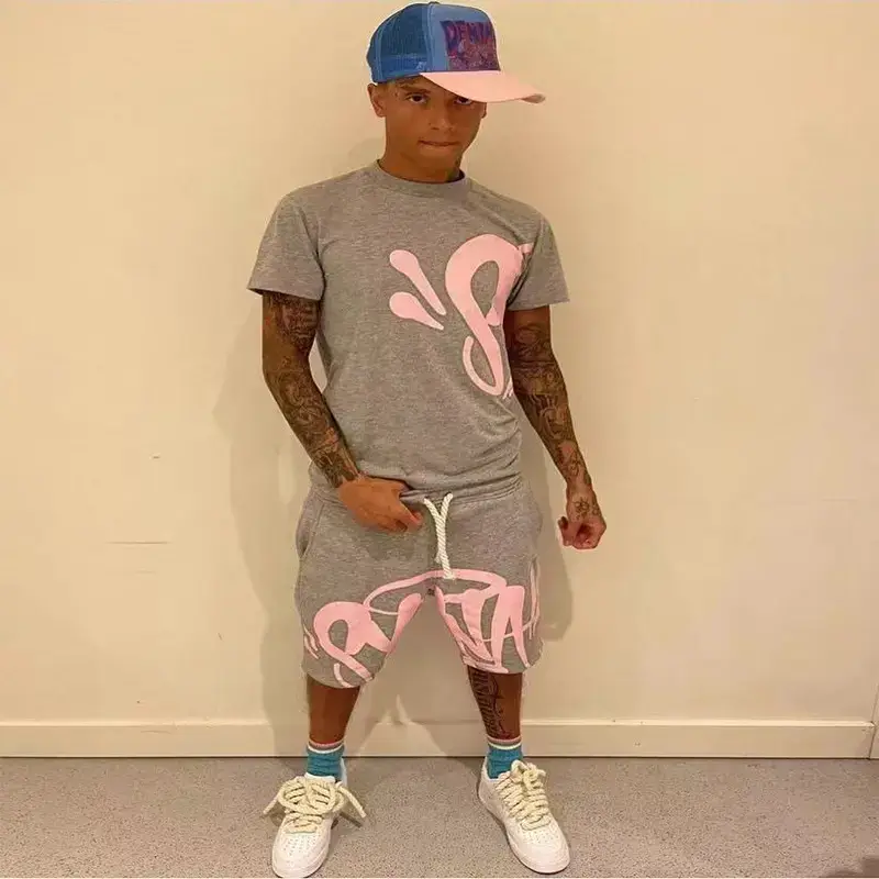Y2K Aesthetic Male Gothic 2 Piece Set Hip Hop Letter Print 0 Neck T-Shirt + Drawstring Wide Leg Shorts Set Complex