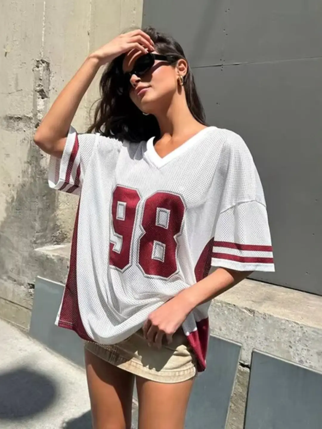 Vintage Patchwork Print V-Neck Short Sleeve Jersey Women's Edition