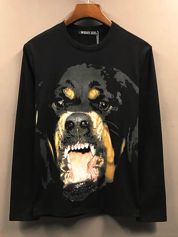 European and American Street Fashion Trendy Ins Print Dog Head Couple Outfit Round Neck Long Sleeve T-Shirt Men's Autumn Base Shirt