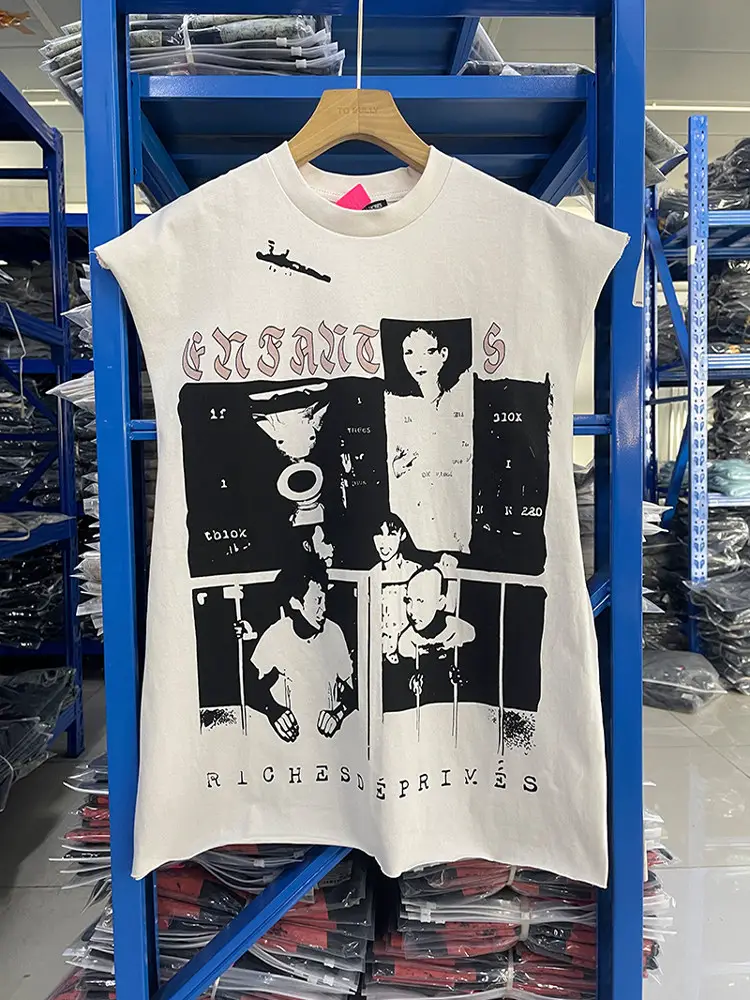 Erd Melancholic Rich Second-Generation American Retro Pattern Printed Distressed Tank Top T-Shirt for Men and Women Trendy