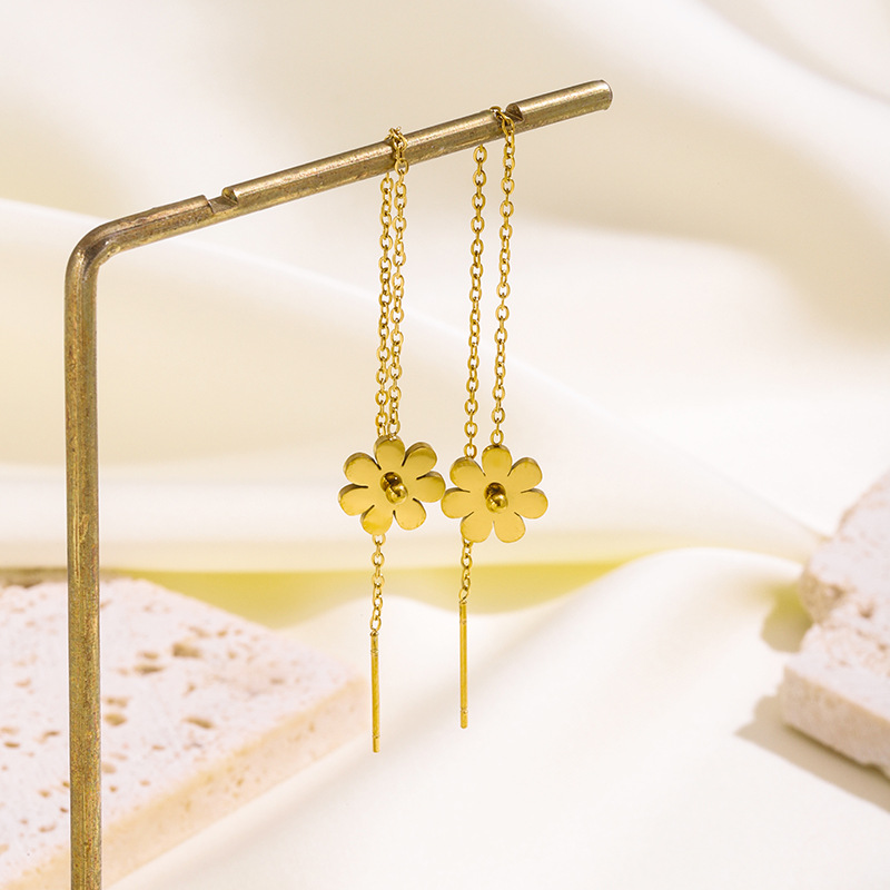 Japanese and Korean Minimalist Earrings Titanium Steel Color-free Earrings Small Daisy Ear Line South Korea Temperament Cold Wind Internet Celebrity Ear Jewelry