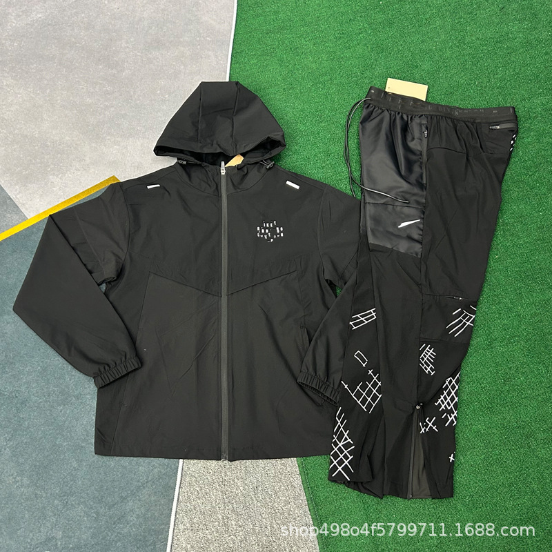 Patterned Sports Training Quick-Dry Windproof Jacket and Ice Silk Pants Set for Spring and Autumn Outdoor Fitness, Jogging, and Hiking with Stretch