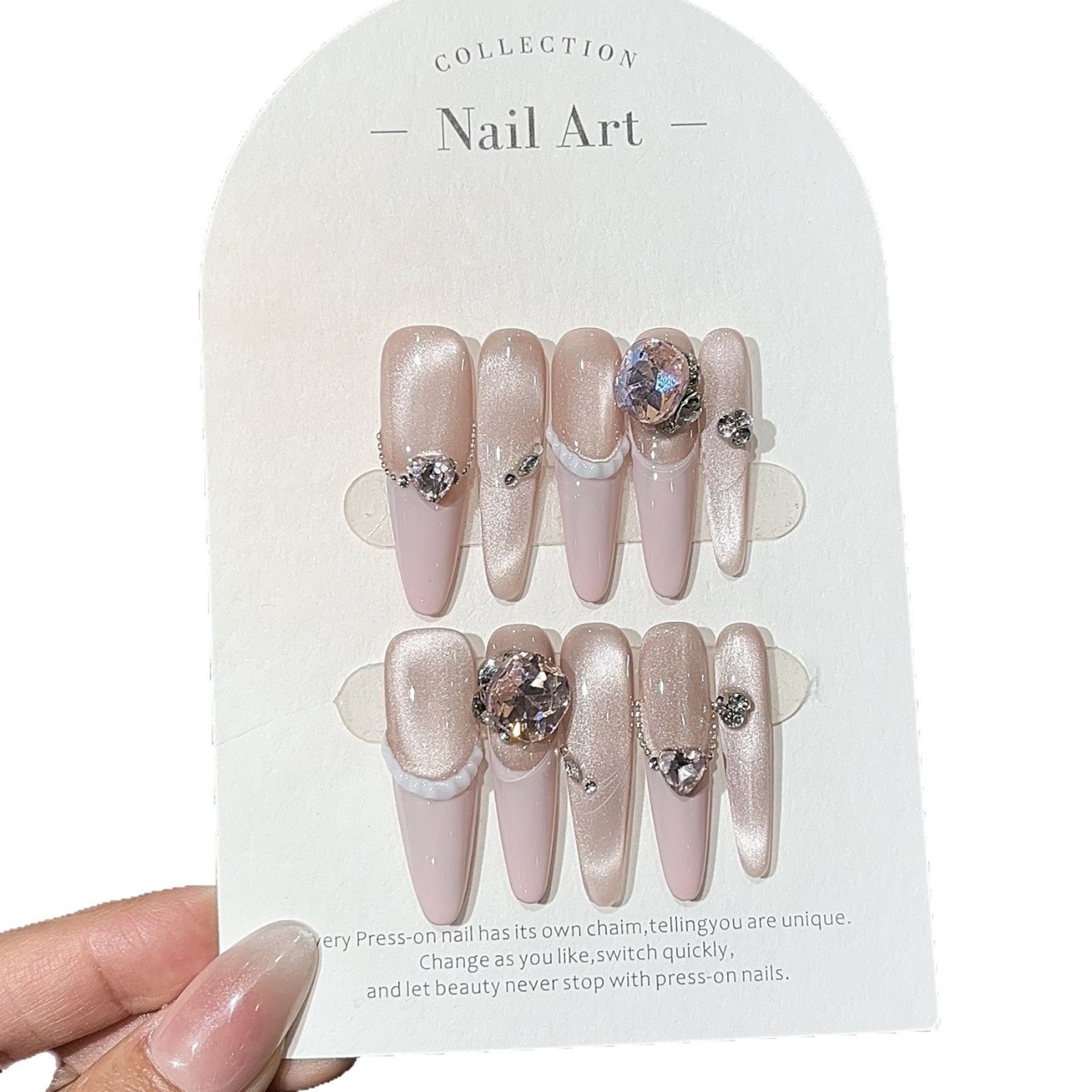 【Miu Sweet】Girly Pure Desire K9 Diamond Leather Pink French Side-Light Glass Bead Cat Eye Wearable Nail
