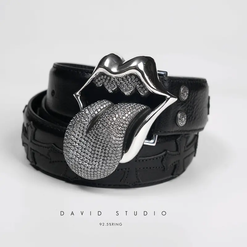 David customizes S925 large tongue handmade diamond inlaid genuine leather for couples to make vintage men's and women's personalized cowhide belts