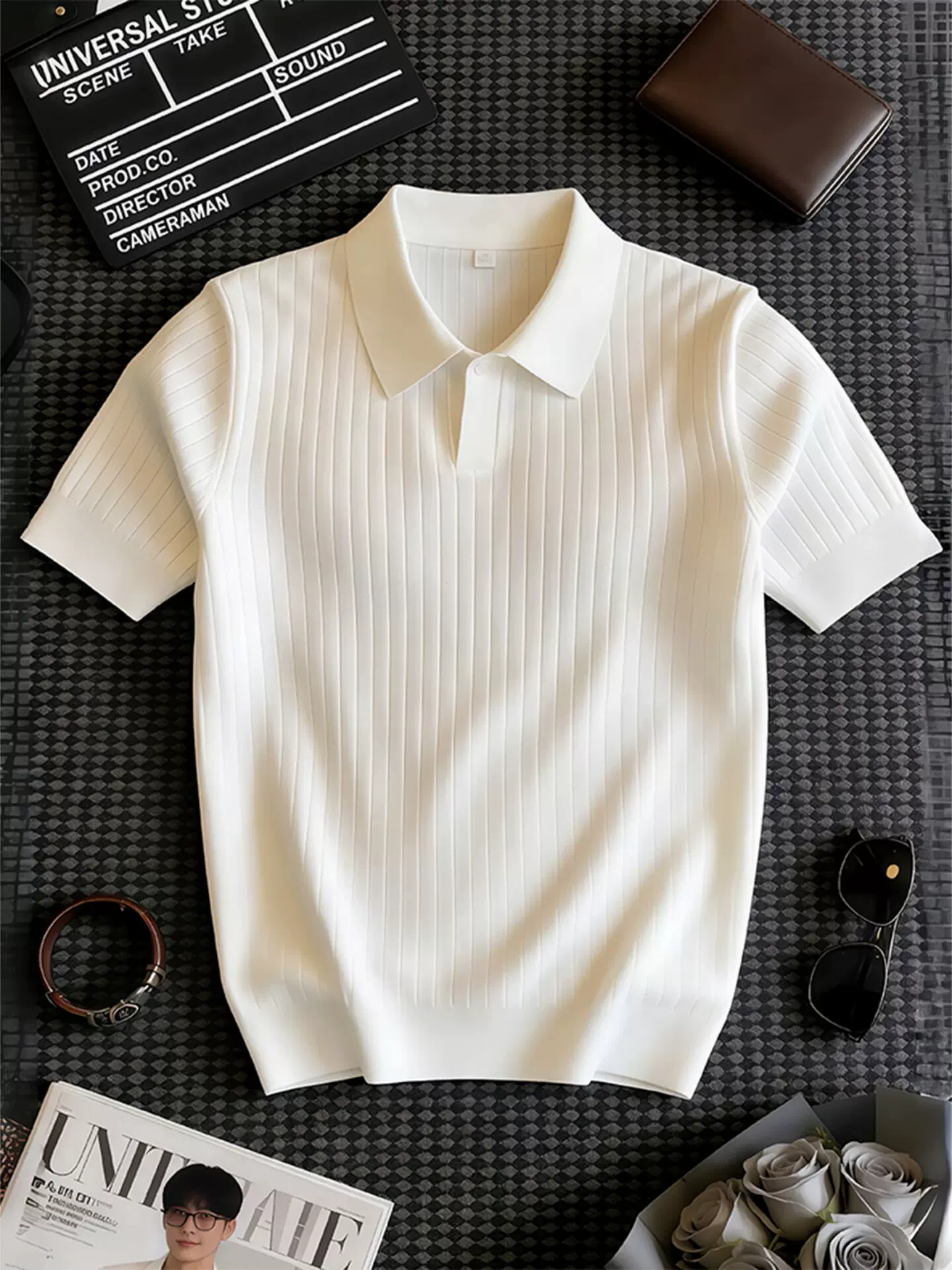 American-Style Seagull Collar Knitted Polo Shirt Short-Sleeved Men's Summer Elastic Slim-Fit Cuffed T-Shirt Cleanfit Half-Sleeve Fotografie QC de pe TAOBAO pe Qualit.ly