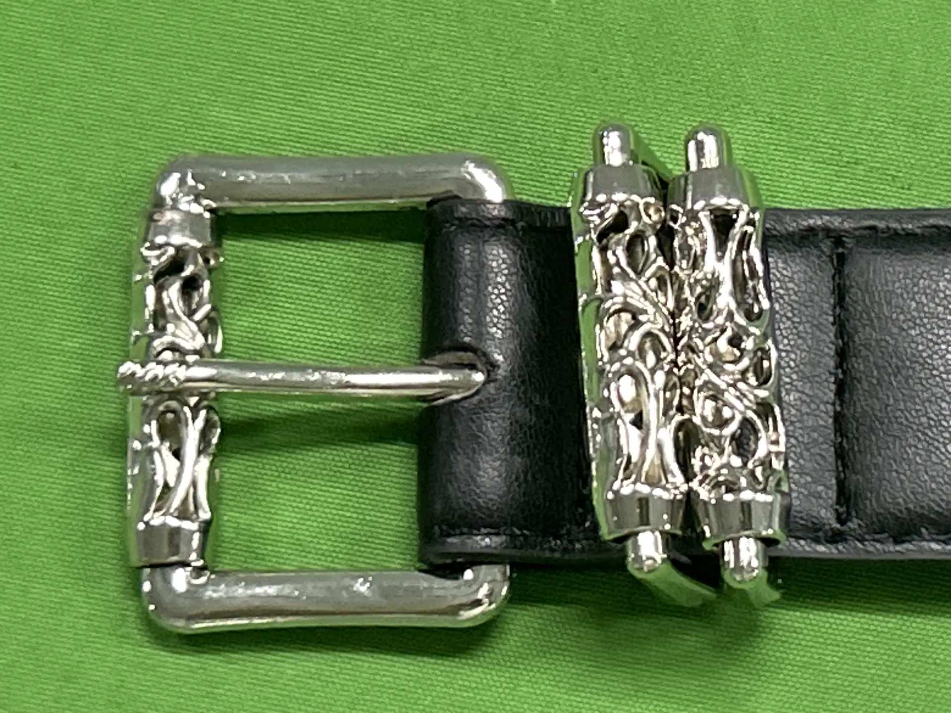 Black Leather Belt with Ornate Silver Buckle
