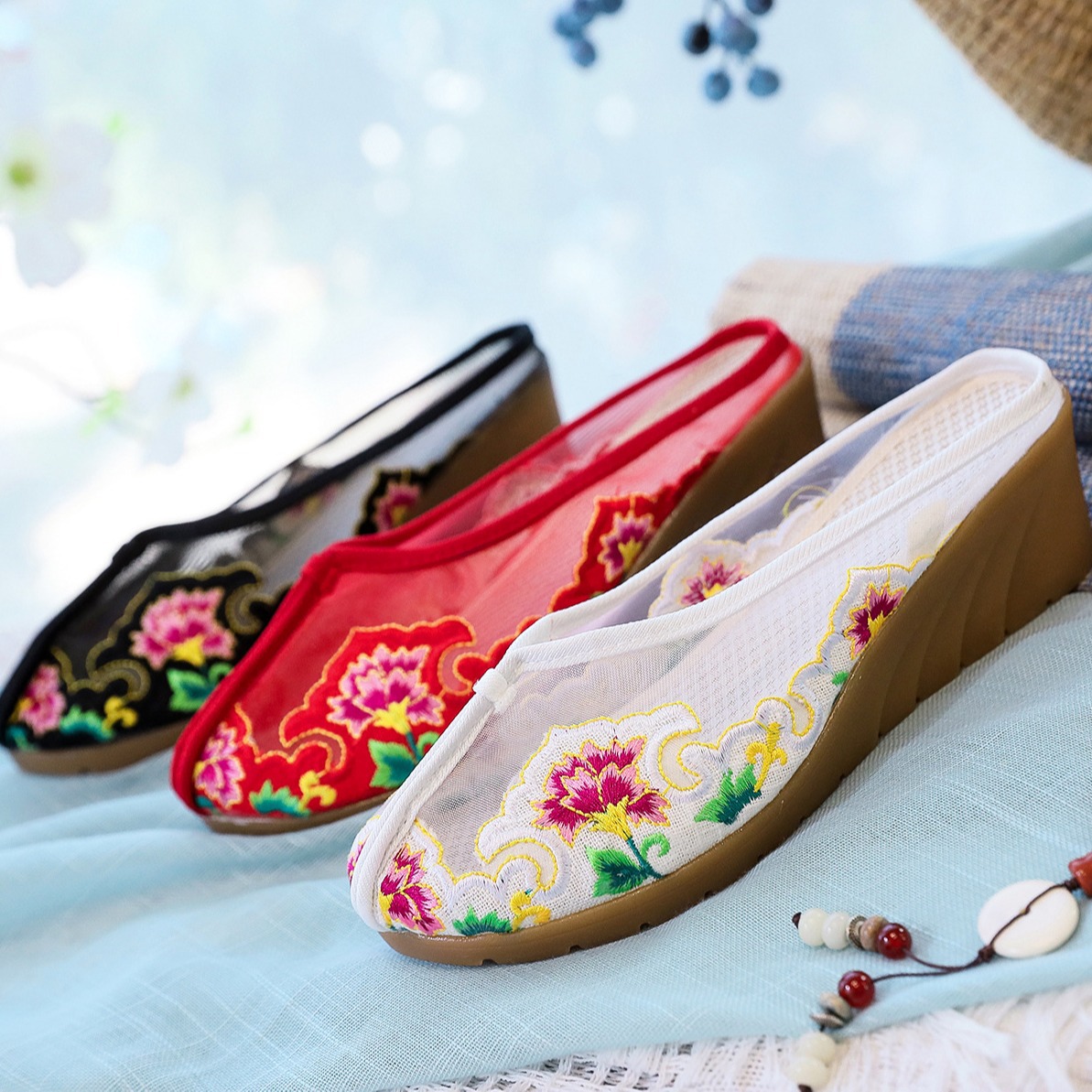 Ethnic Style Retro Mesh Embroidered Cloth Shoes Organza Patchwork Summer Women's Sandals