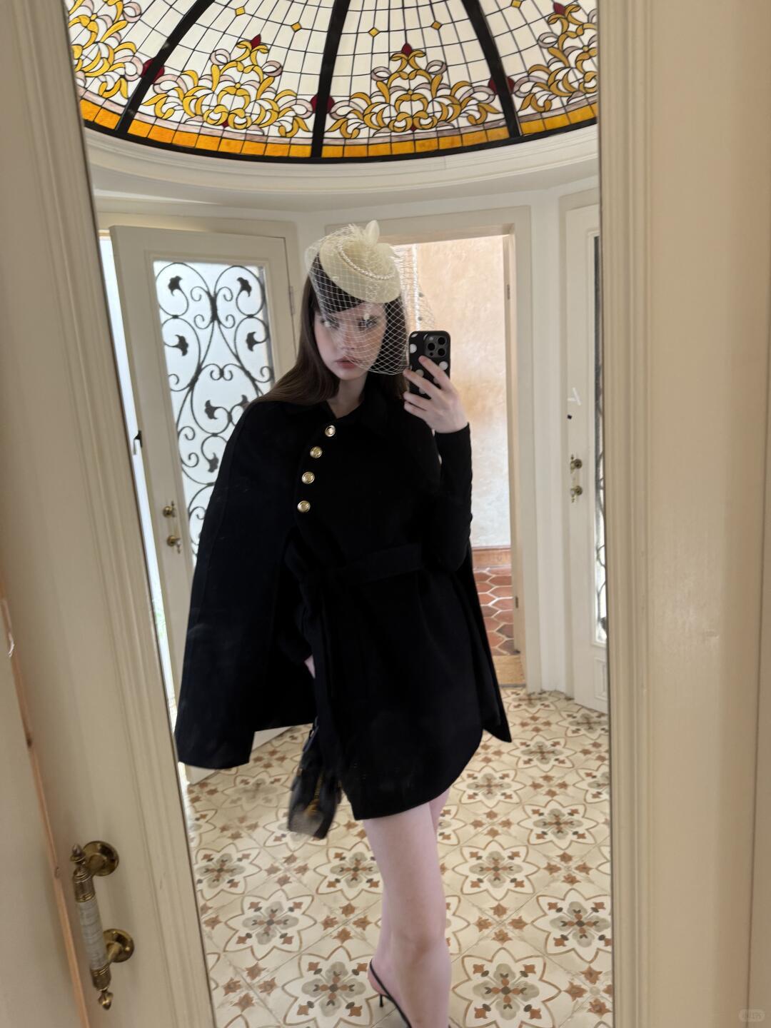 "Same Style as Nana Blogger" Black High-End Elegant Double-Sided Woolen Cape Coat