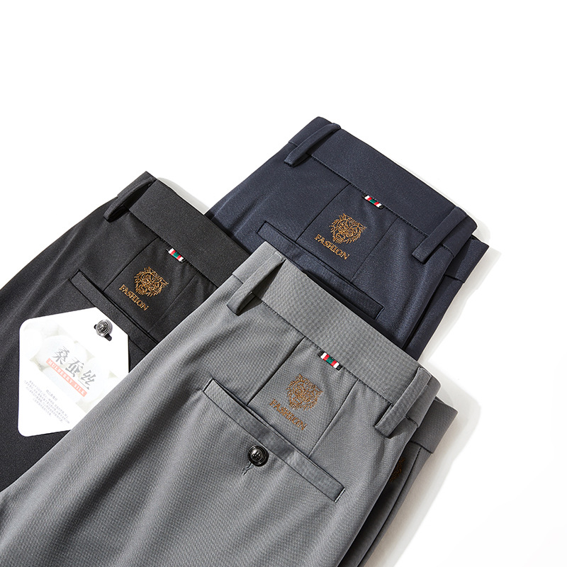 Men's Silk Casual Pants Summer Thin High-Stretch Wrinkle-Free Straight-Leg Business Trousers Breathable Mid-High Waist Dress Pants