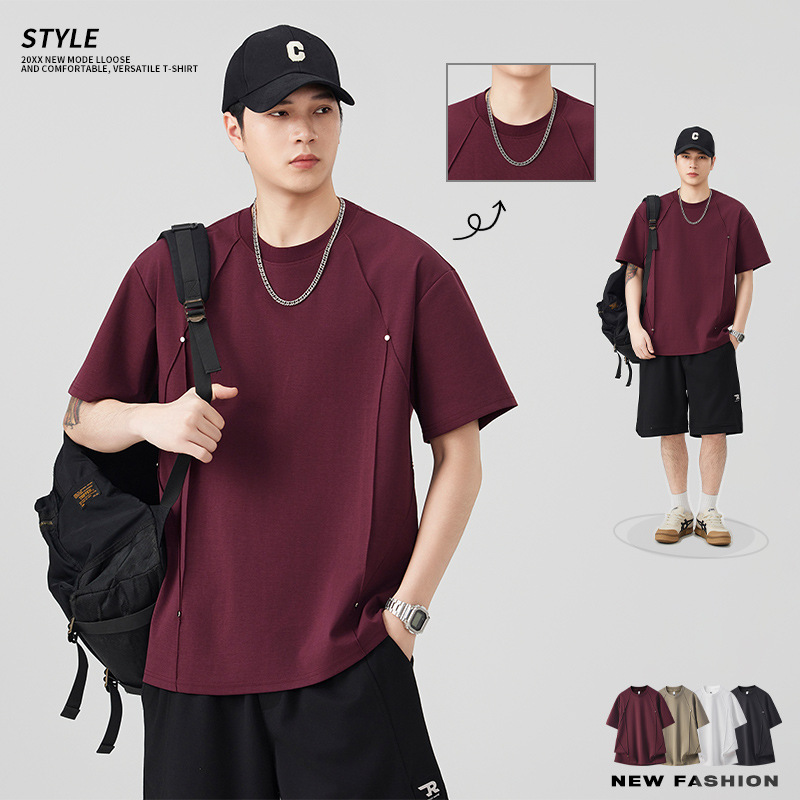 2026 Summer New Short-Sleeve T-Shirt for Men, Trendy Brand with Unique Design, Loose Fit, Round Neck, Solid Color Workwear Style Tee