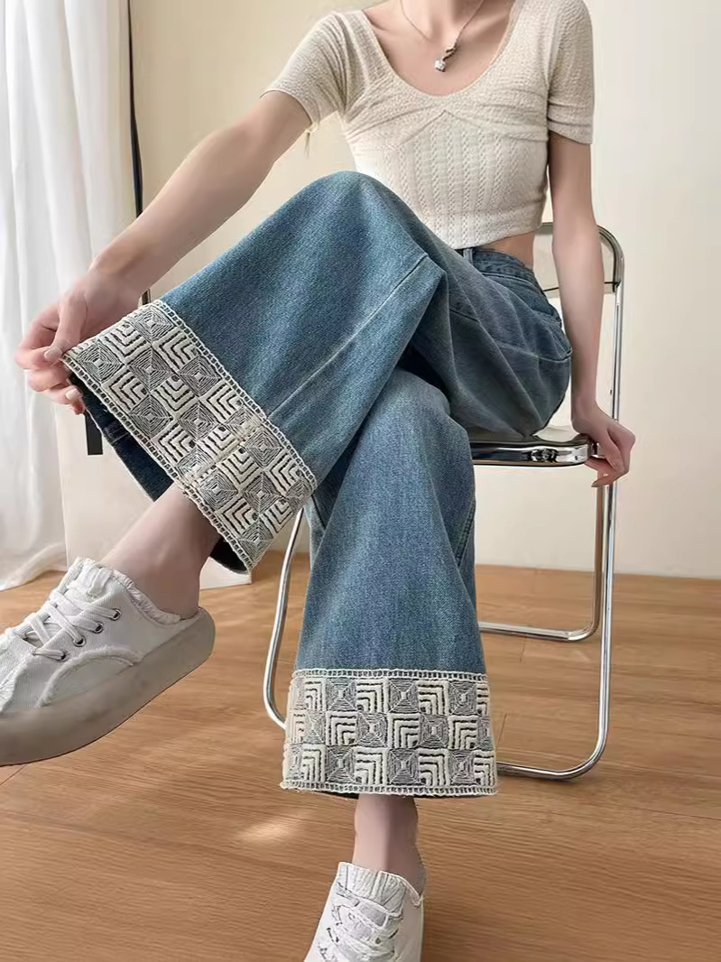 New Chinese-style Contrast Color National Style Denim Ankle-length Pants Women's Wide-leg Spring and Summer New Small Loose Slimming Eight-point