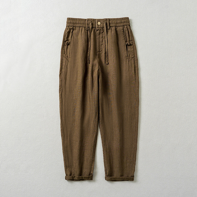 High-end linen men's pants summer thin pants men's zipper elastic waist loose straight casual pants A196