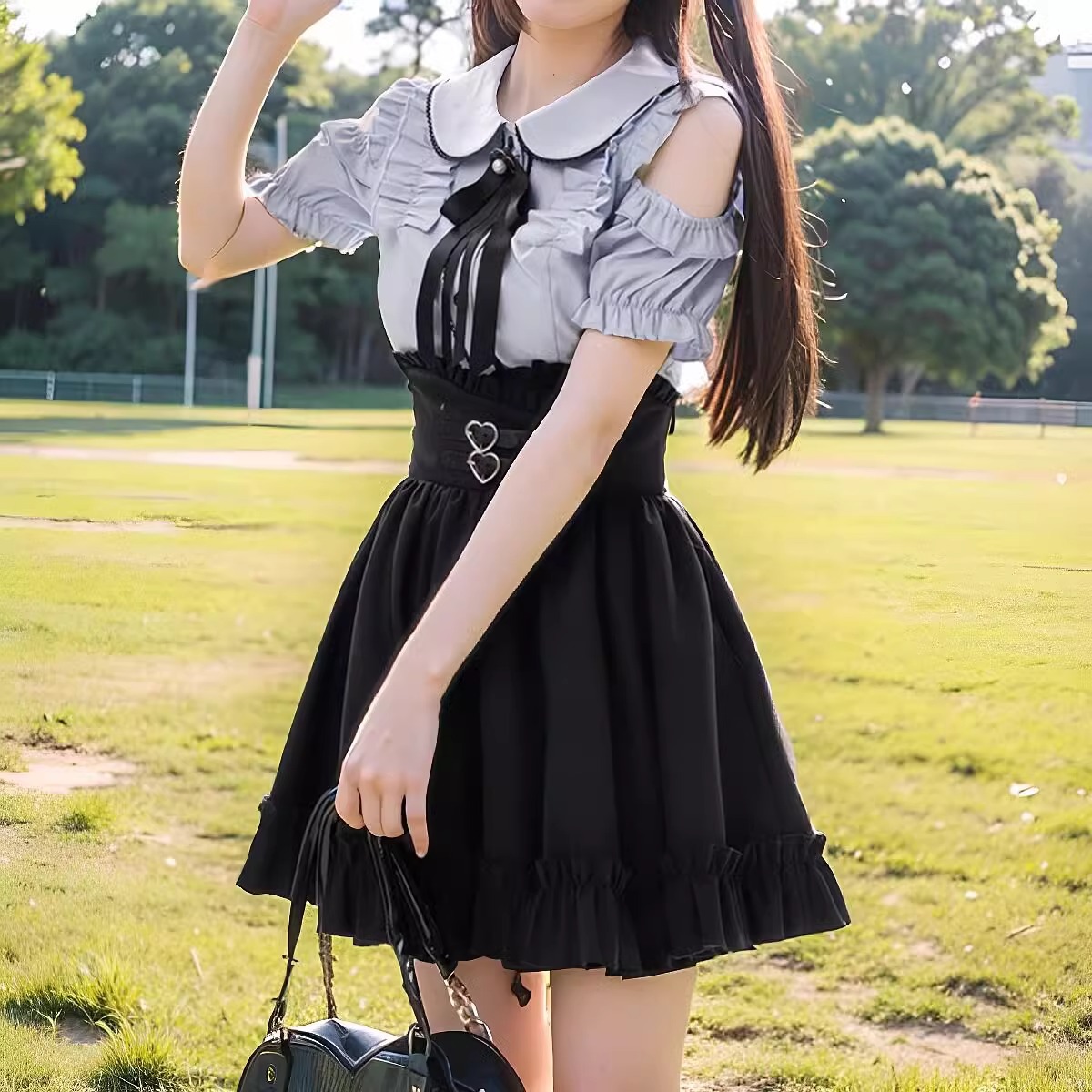 Small Sweet Cute Doll Collar Shoulder Short Sleeve Shirt Top Tight Waist Skirt Children's Two-Piece Summer Suit
