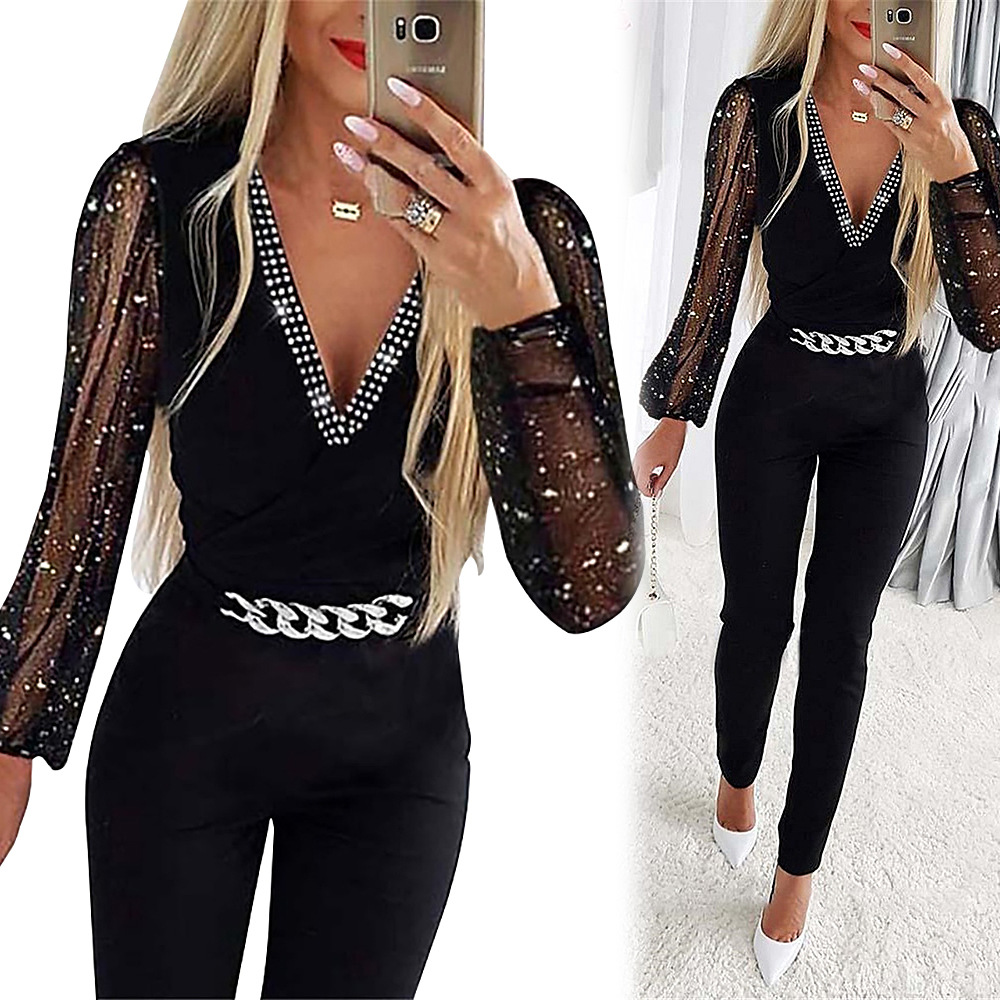 2023 Autumn New Amazon European and American women's solid color V-neck long sleeve rhinestone high waist professional casual jumpsuit