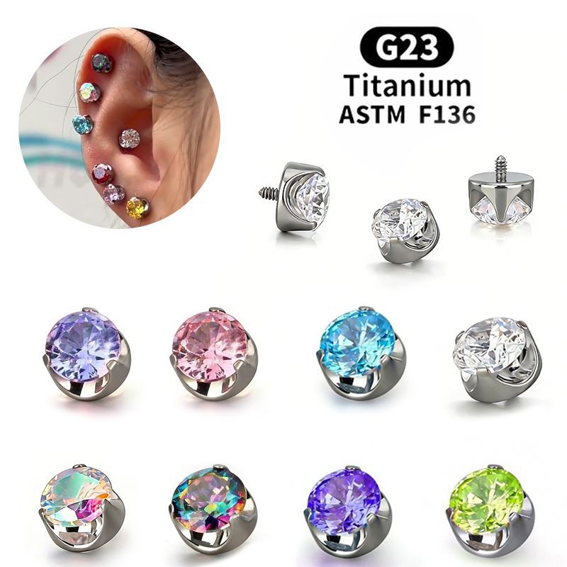 F136 Titanium Alloy Three-Prong Wave Edge Flat-Bottom Zircon Earrings, Ear Cartilage Studs, Sparkling Lip Studs, Nose Studs, Jewelry Accessories