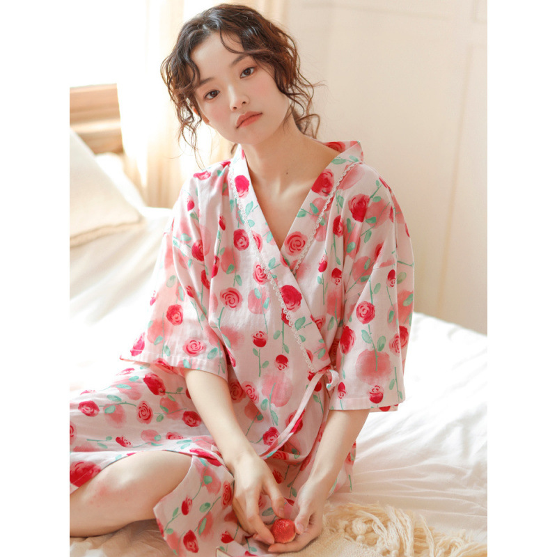 Ins Japanese Style Kimono Nightgown Summer Pajamas Women's Short-Sleeved Cotton Nightgown Cute Spring & Fall Home Clothes Popular Bathrobe
