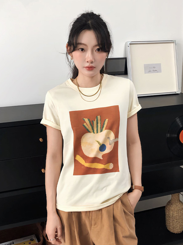 Women's Clothing 2026 Spring New Style Round Neck Short-Sleeved Contrast Color Printed Versatile Elegant T-Shirt Loose Casual Top