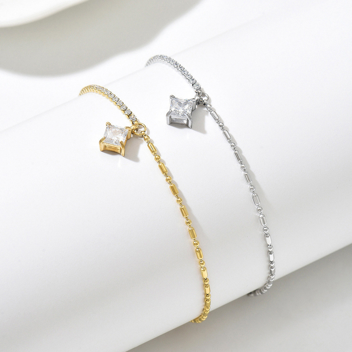 Cross-Border Geometric Zircon Pendant Tennis Chain Bead Chain Spliced Stainless Steel Bracelet Gold-Plated Jewelry High-End Accessories for Women