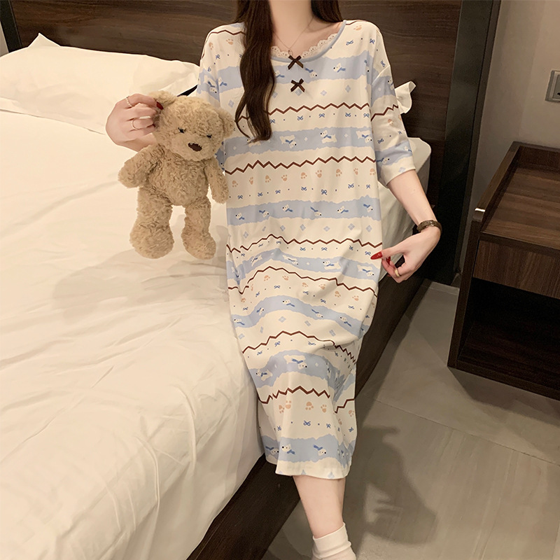 Summer New Pure Cotton Casual Striped Nightgown Women's One-Piece Dress 2026 Long Short-Sleeved Princess Style Lace Home Dress