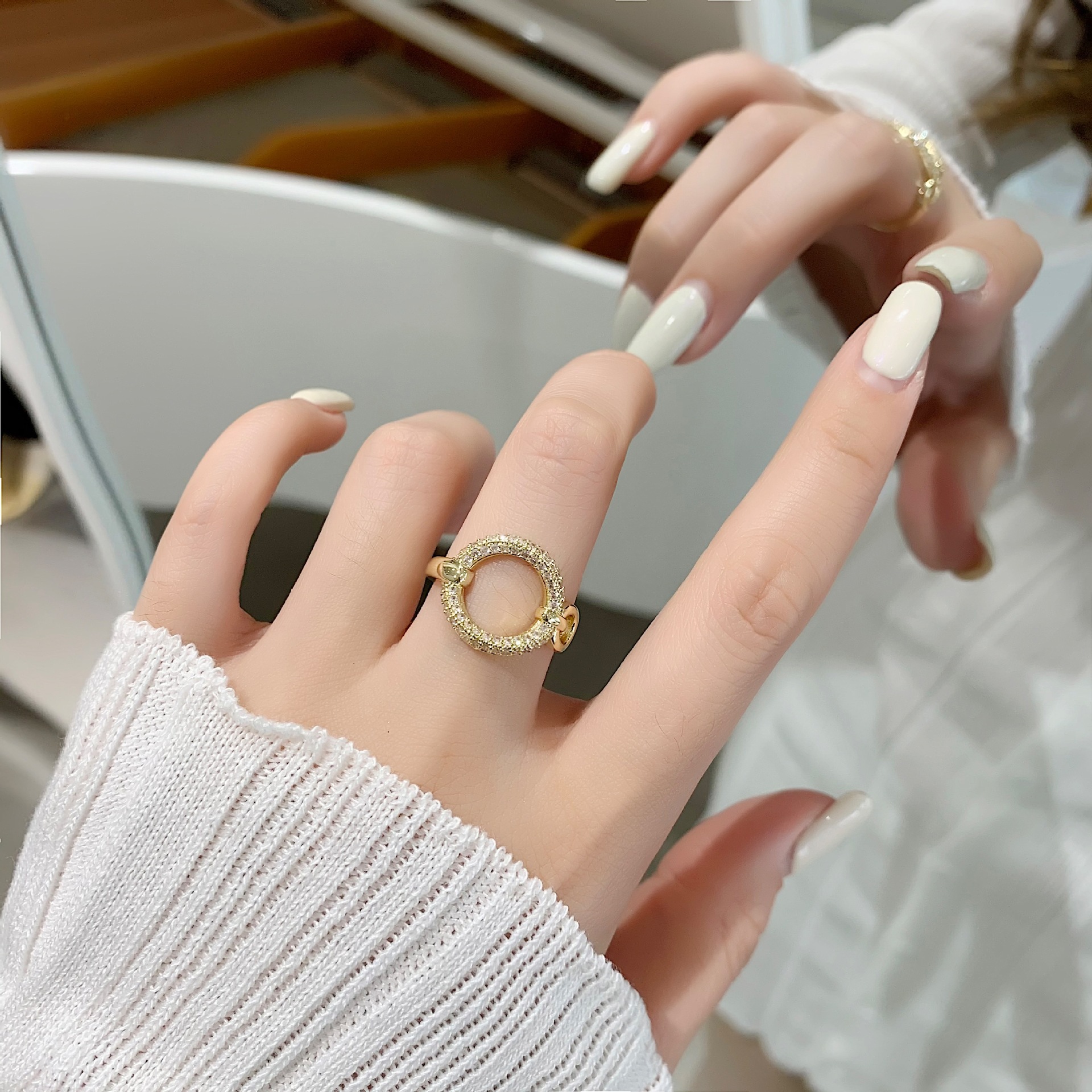 Full Diamond Internet Celebrity Index Finger Ring Open Bracelet Circle Simple Cold Style Ring Women's Fashionable Distinctive ins Korean Style