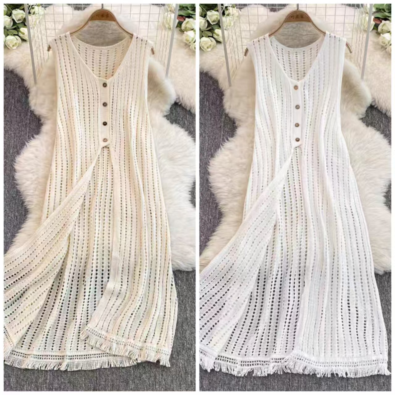 Korean Style Girl's Hollow-out Knitted dress Women's Summer Thin Sleeveless Vise Skirt Mid-length Split Stacked Blouse