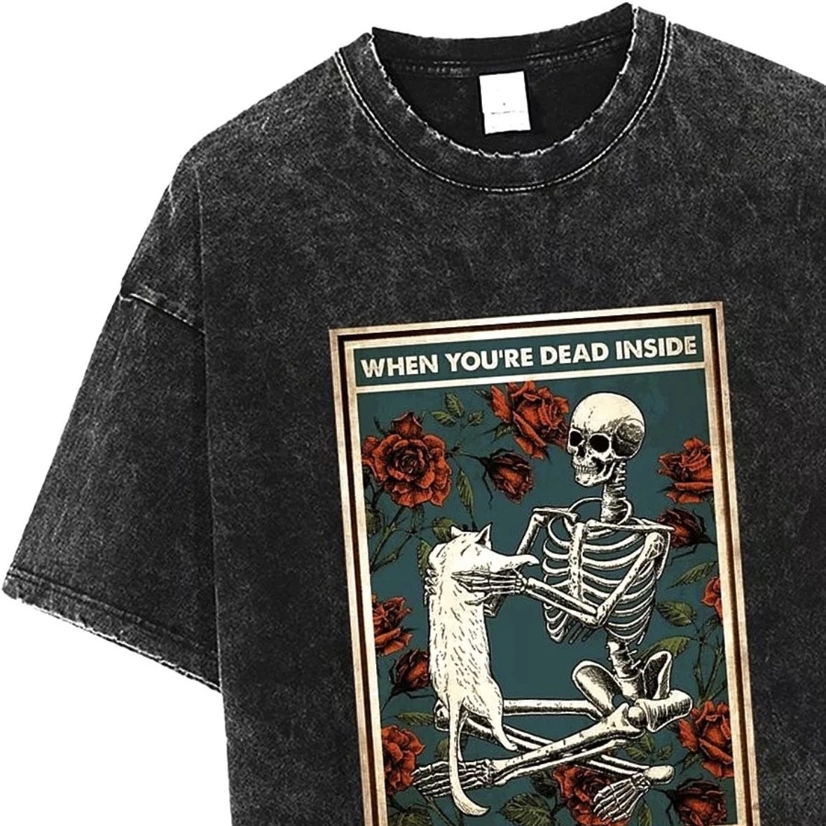 Y2k Cartoon Anime Washed T-shirt American Hip Hop Skull Figure Cat Print T-shirt