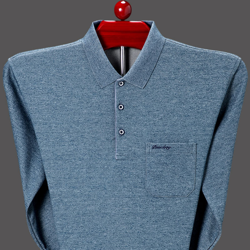 2025 Autumn Middle-Aged Men's Cotton Turn-Down Collar Real Pocket Dad's Business Casual Versatile Thin Long-Sleeve T-Shirt