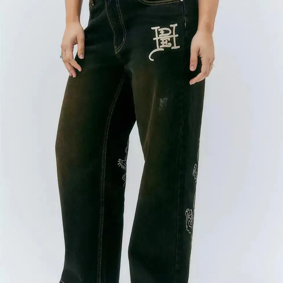 Oldschool American Retro Double Dragon Embroidered Skateboard Pants Loose Street Hip-Hop Printed Jeans Long Pants for Men