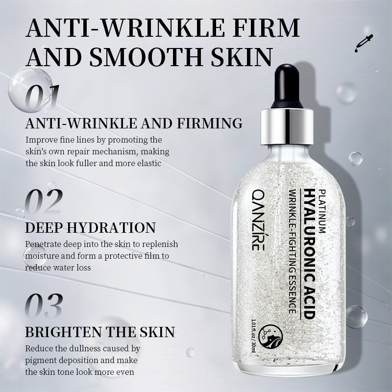 Cross-Border Full English Platinum Hyaluronic Acid Anti-Wrinkle Essence Platinum Essence Hydrating and Moisturizing Large Silver Bottle