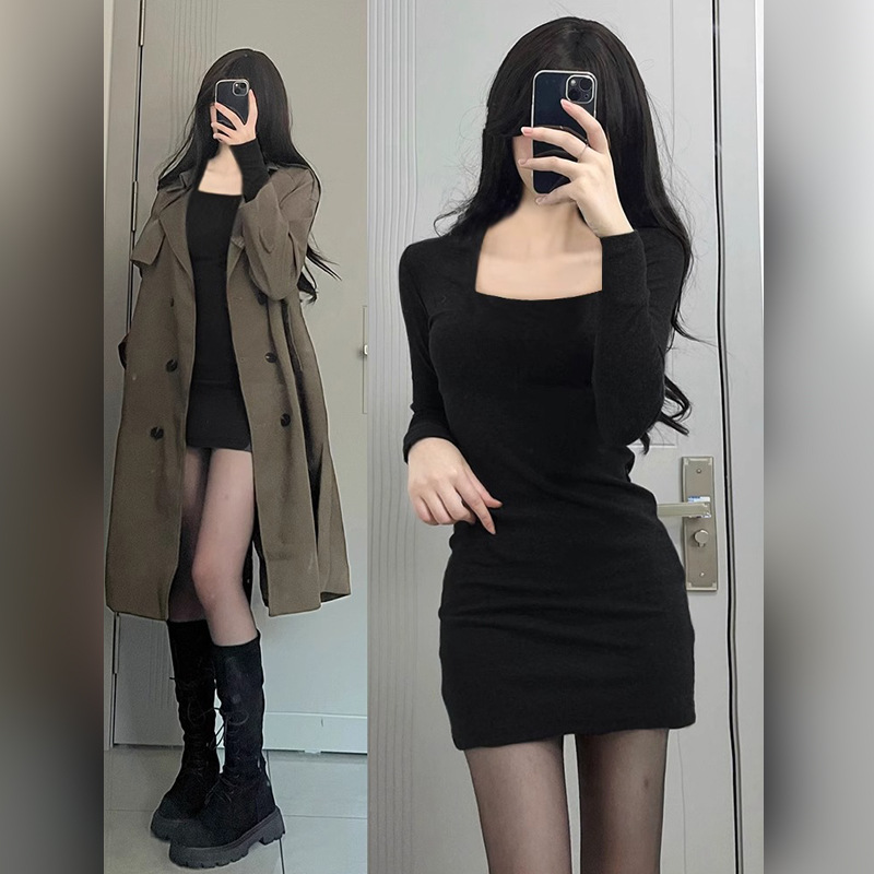 Black Slim-Fit Bodycon Skirt, Base Dress for Women, Popular Autumn and Winter 2026 New Style, Long-Sleeve Dress, Elegant Little Black Dress