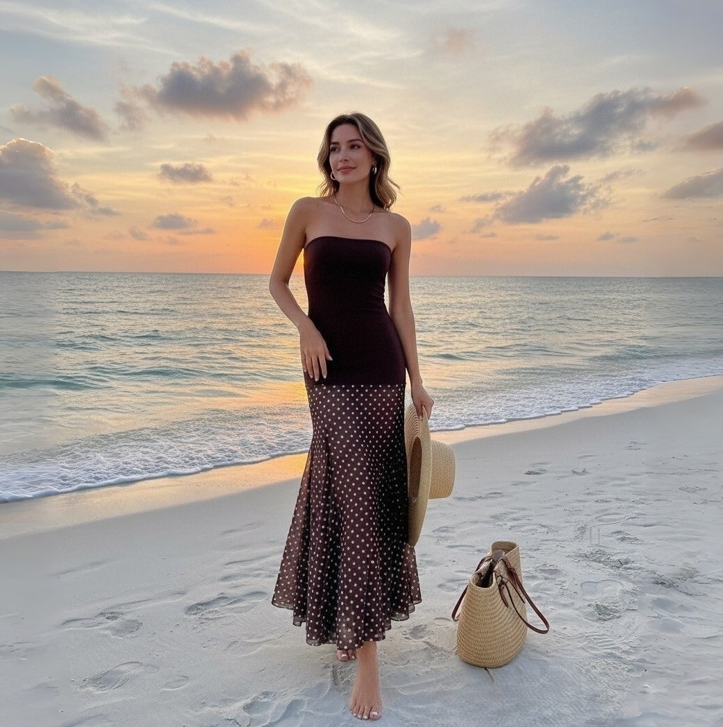 Cross-Border Exclusive Supply of French-Style Polka Dot Strapless Evening Gown, Brown Slim-Fit Bandage Spliced Mesh Dress