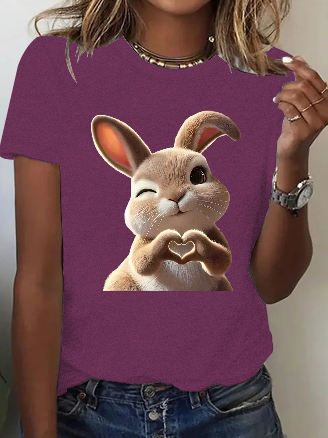 Cross-Border Dropshipping Women's Short-Sleeve T-Shirt with Cute Rabbit Print, Loose Fashion Women's Summer High-End T-Shirt