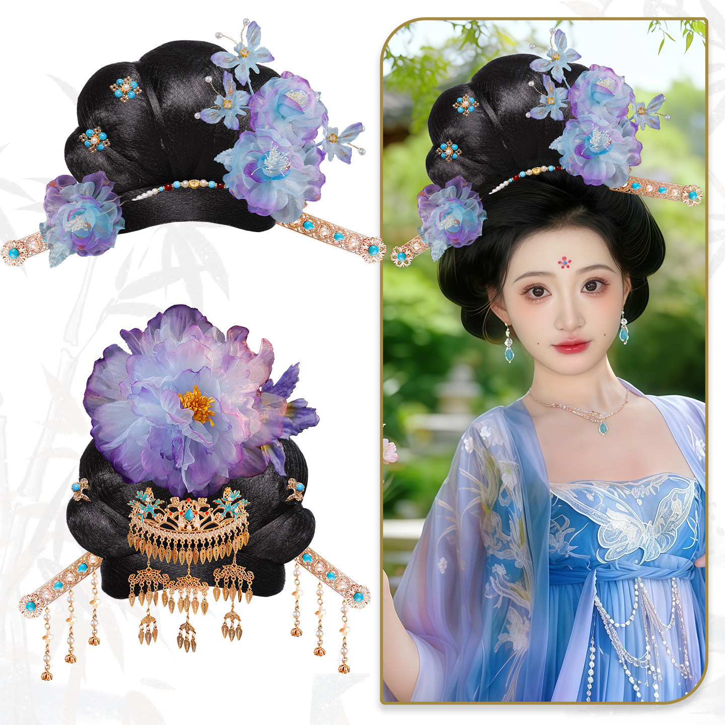 Hanfu Ancient Costume Imperial Concubine and Queen Style Versatile Tang-Style Hair Bun Integrated Wig Set Elegant Handmade Hair Accessory Set