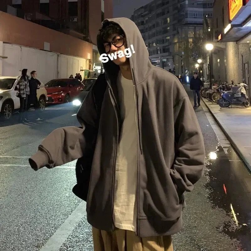 2020 Autumn and Winter Loose Cardigan Sweater Men's and Women's Fleece-lined Hooded Jacket Ins Hong Kong-style Sports Leisure Couple Clothes