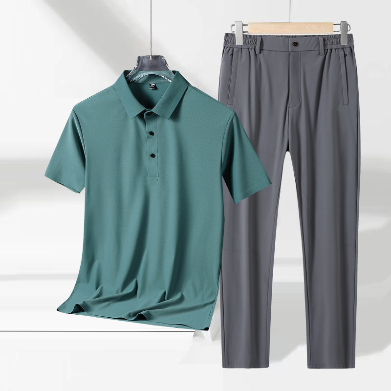 Light Business Summer High-end Casual suit Men's Seamless Ice Silk Polo Shirt Middle-aged Men's Ice Silk Suit Pants Two-piece Set