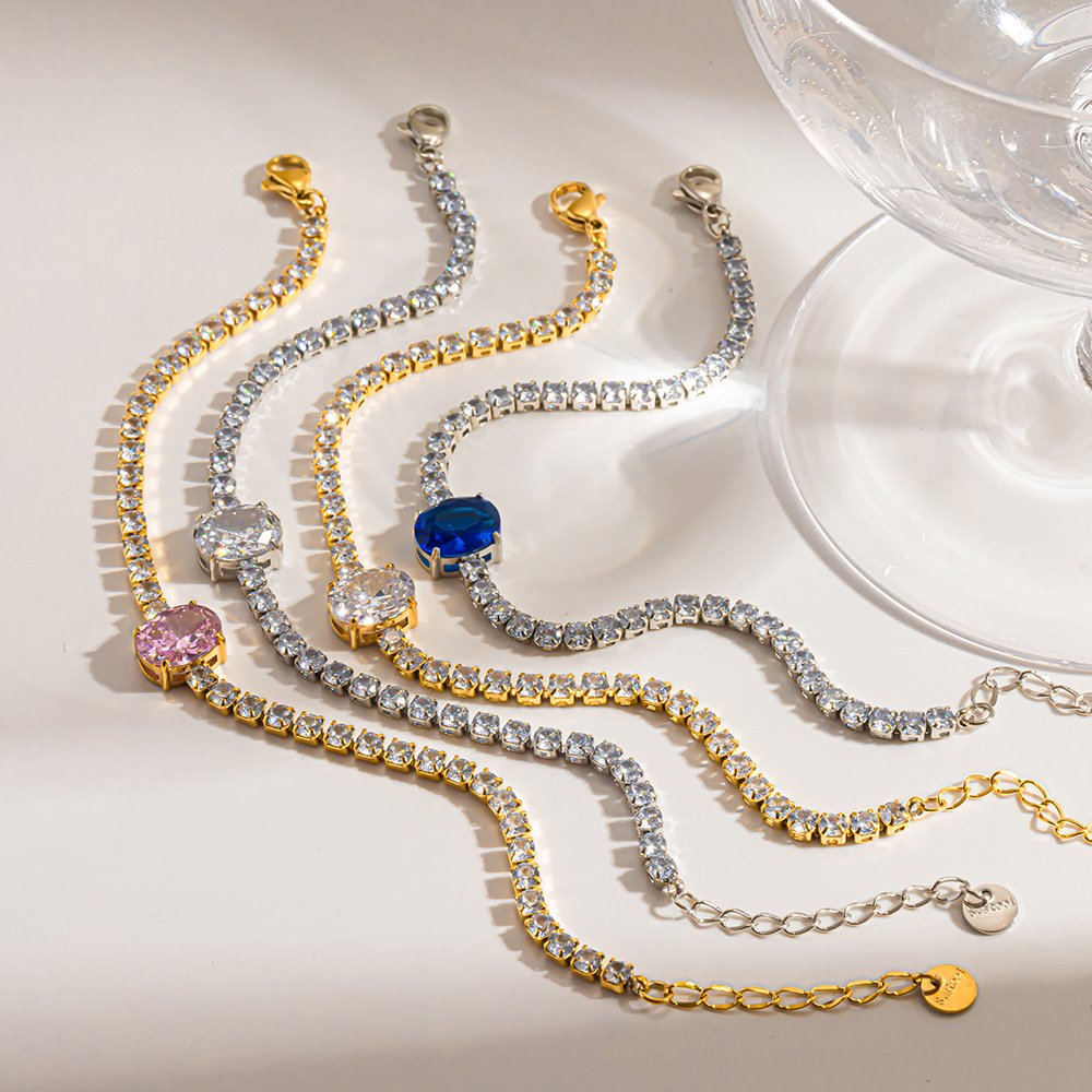 Cross-Border Ins-Style 18K Gold-Plated Stainless Steel Full Diamond Bracelet with Pink Blue Zircon Tennis Chain, Non-Fading, Niche Light Luxury Jewelry