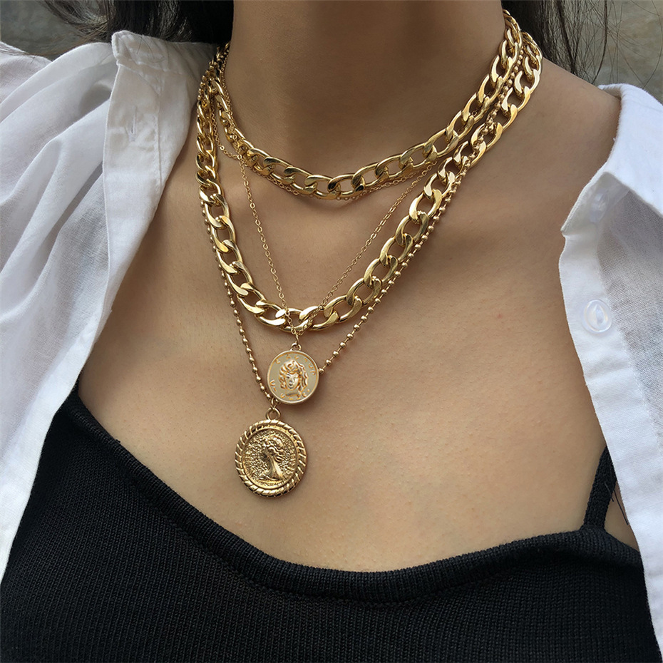 Metal Style Coin Figure Multi-layered Stacked Necklace Personality Exaggerated Clavicle Chain European and American Fashion High-end Necklace for Women