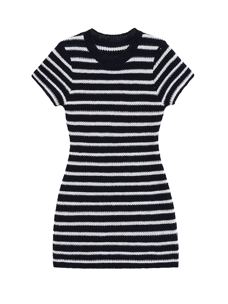 2025 Summer New Women's Crewneck Short-sleeved Elegant Casual Simple Slim-fit Hip Striped Knitted Dress