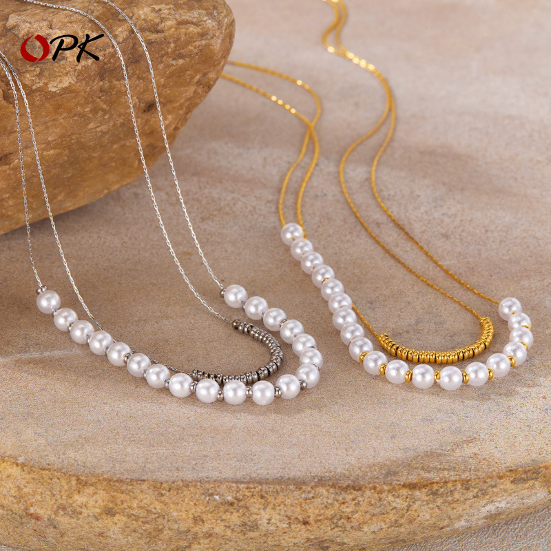 OPK European and American Fashion Necklace Women Stainless Steel Niche Design Double Layer Stacked Wear Pearl Titanium Steel Clavicle Chain Wholesale