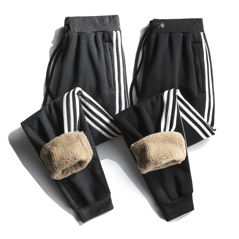 Men's Winter Three-Stripe Fleece Sweatpants, Warm Joggers, Thickened Thermal Pants