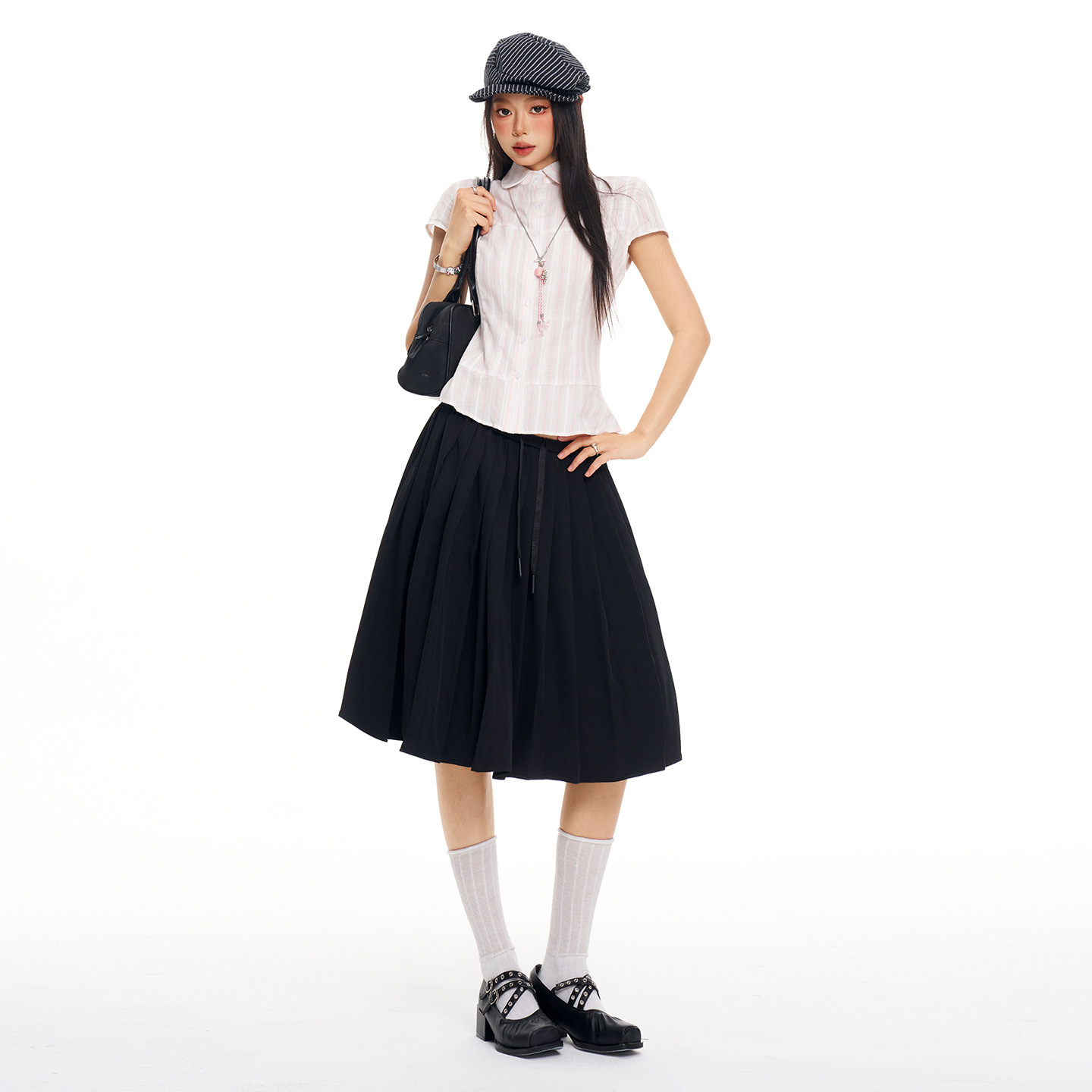 College Style Black Versatile Skirt for Women 2026 Summer New High-Waisted Loose A-Line Slimming Pleated Midi Skirt