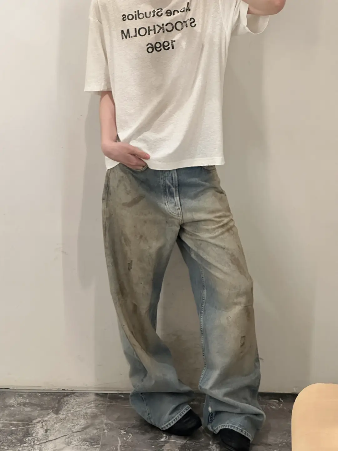 Ac New 1981M Riveted Leather Bag Jeans, Washed and Used, Handmade Mud Stained, Dirty Pants, Straight Tube Loose Pants