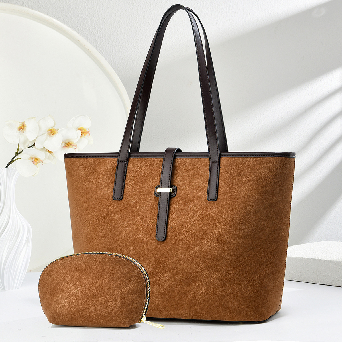 Two-Piece Set of Pure Color Large-Capacity Tote Bag, Casual and Versatile Shoulder Bag, Commuter Crossbody Bag, Totebag