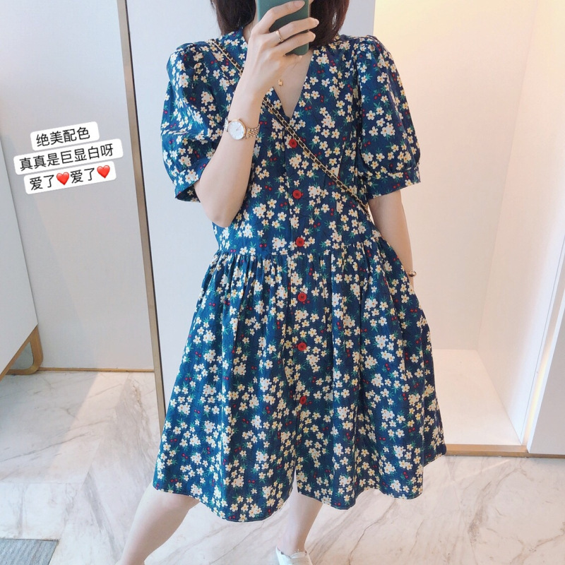Navy Blue Floral Dress 2023 Summer New Retro High Waist V-Neck Puff Sleeve Doll Dress