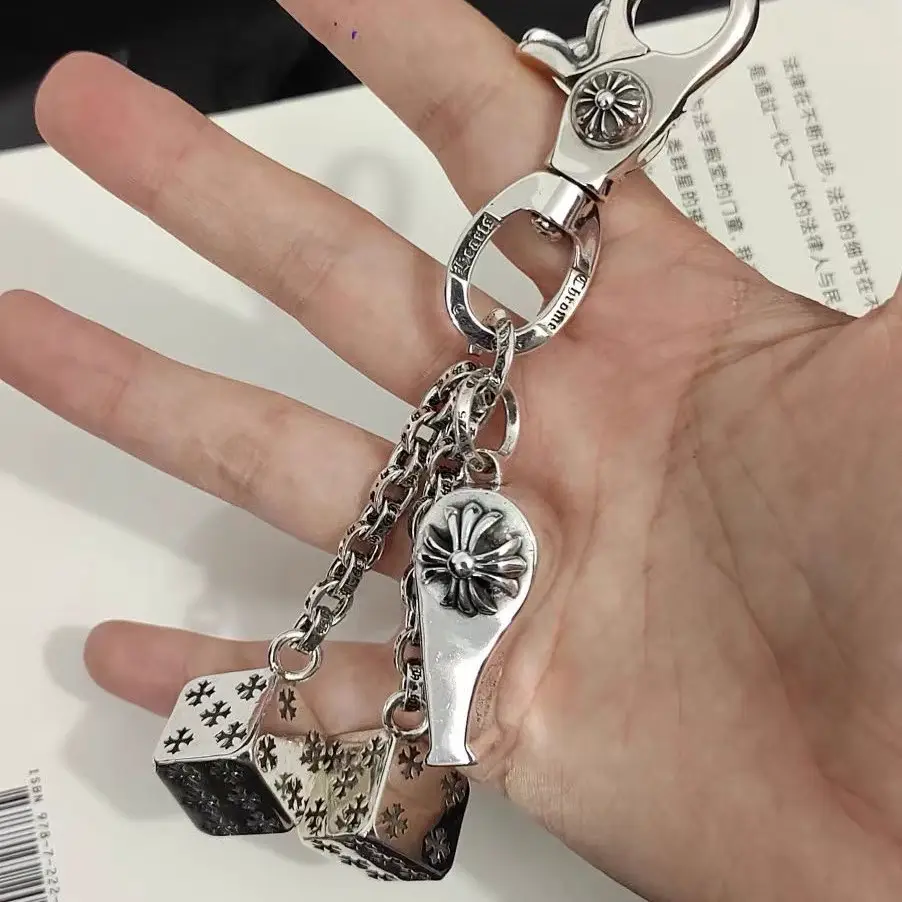 Cross Military Flower Keychain Retro 925 Silver Dice Bag Pendant Punk hip hop Backpack Chain Buckle Trendy