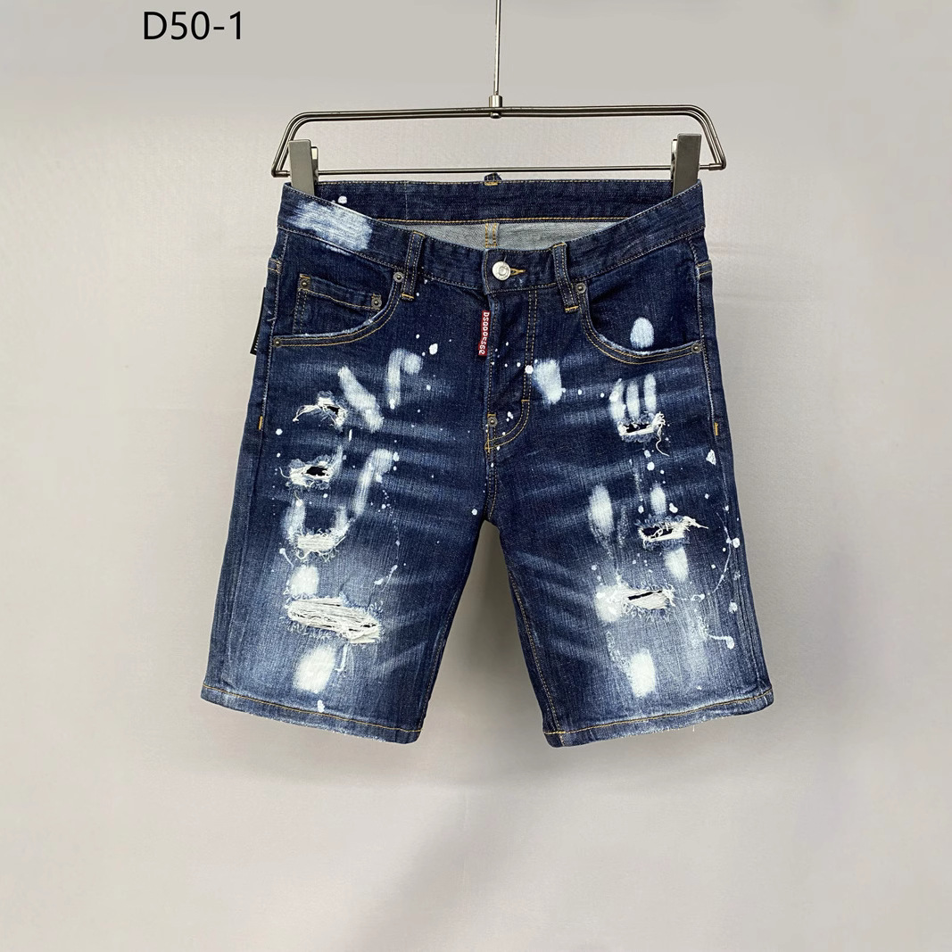 D50-1 Distressed Trendy D2 Men's Denim Shorts Italian Style Cropped White Cross-Border Trendy Denim Shorts