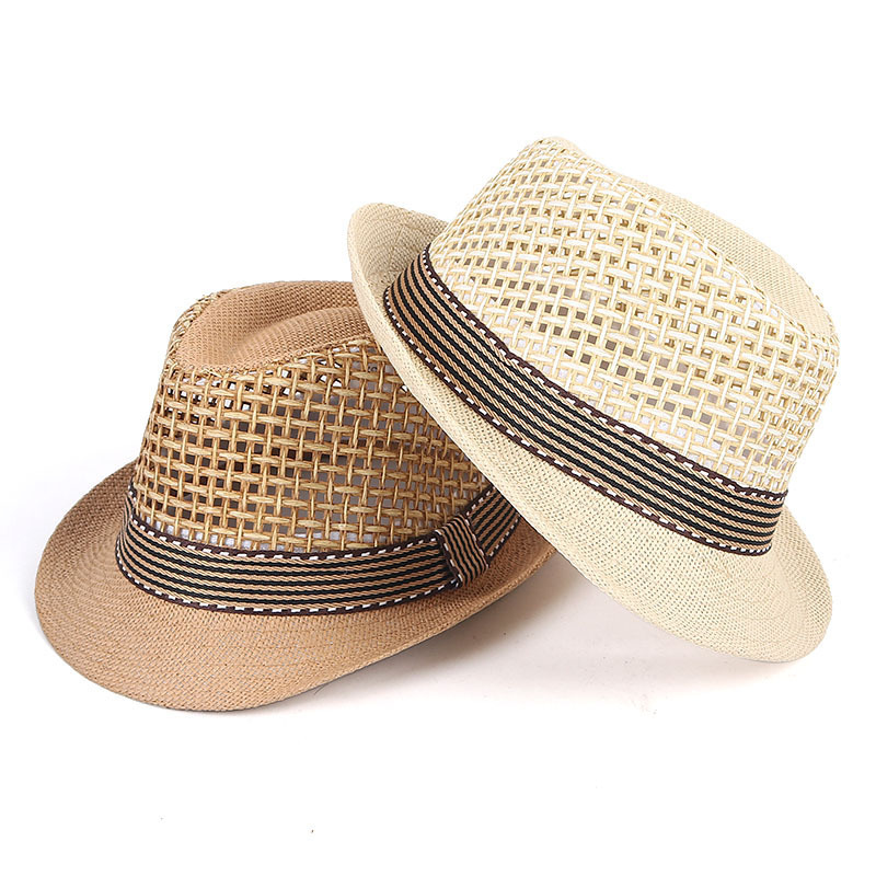 Spring and Summer Men's Sunscreen Beach Hat Hollow Mesh Jazz Small Topper Hat Color Spliced Ribbon Panama Hat