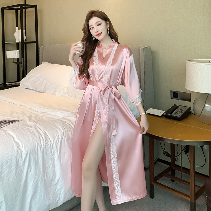 Spring and Summer Mid-Length Nightgown Bathrobe High-End Korean Version Five-Star Sister Group Party Style New Dressing Gown Pink New